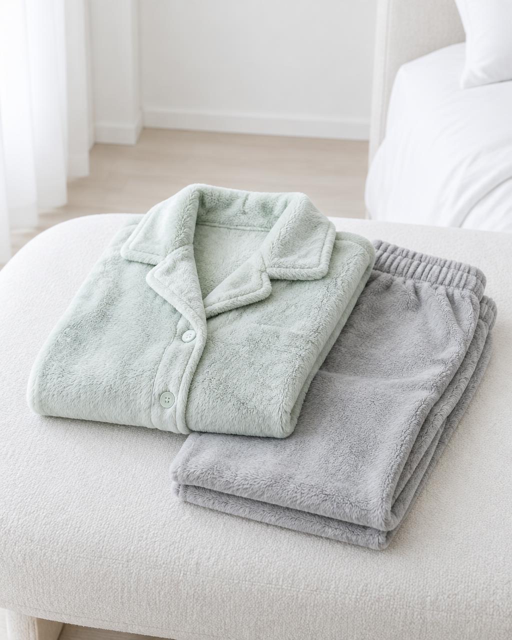 Concept preview of folded mint and gray plush sleepwear